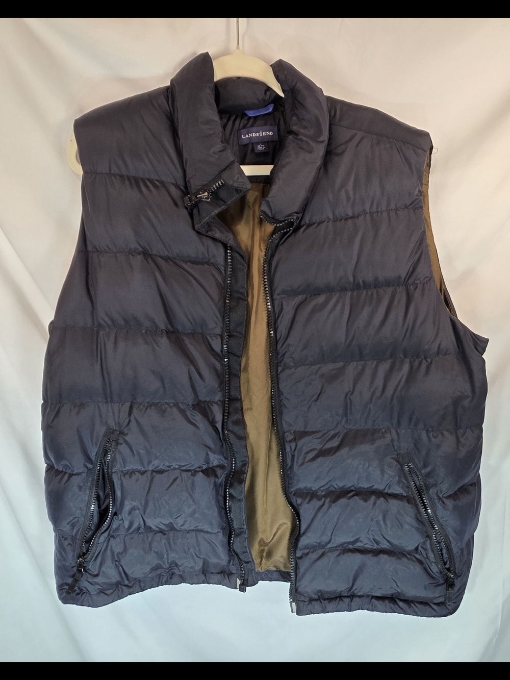 Lands' End Men's Black Down Puffer Vest Full Zip Zipped Pockets Size L 42-44